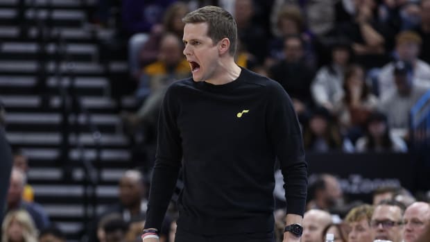 Utah Jazz head coach Will Hardy reacts in the second half against the Portland Trail Blazers at Vivint Arena.